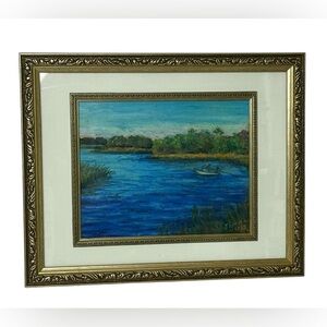 Original Signed Rhonda Iris Painting of A Fishing Boat In The Bayou Framed
